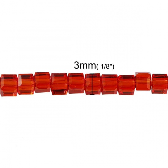 Picture of Glass Loose Beads Square Red Transparent Faceted About 3mm x 3mm, Hole: Approx 0.8mm, 29.3cm long, 1 Piece (Approx 100 PCs/Strand)
