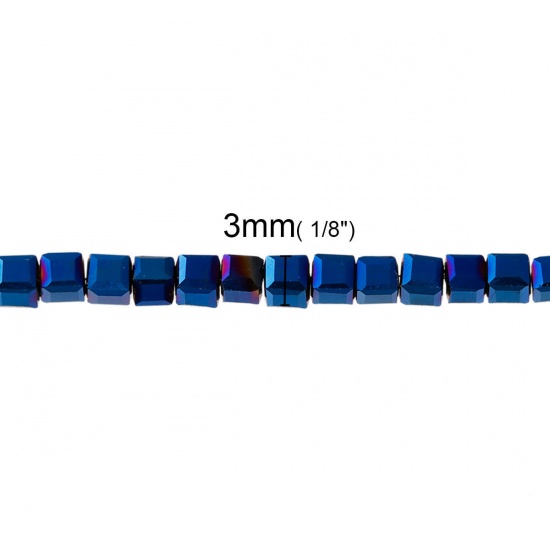 ガラスビーズ 正方形 紺碧 ABカラー ファセット・カット 約 3mm x 3mm、 穴：約 0.8mm 30.2cm長さ、 1 連 （約 100PCS /一連） の画像