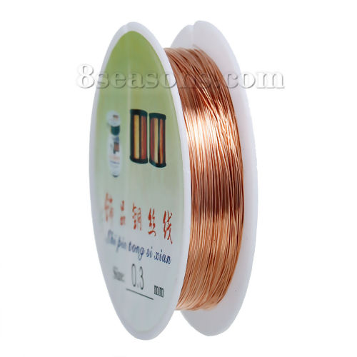 Imagen de Cobre Beading Wire Hilos Ronda Oro Rosa 0.3mm Dia. (28 gauge), 2 Rollos (Aprox 20 M/Rollo)