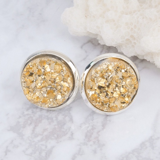 Picture of Brass Druzy/ Drusy Ear Post Stud Earrings Round Silver Plated Golden W/ Stoppers 16mm( 5/8") x 14mm( 4/8"), Post/ Wire Size: (20 gauge), 1 Pair