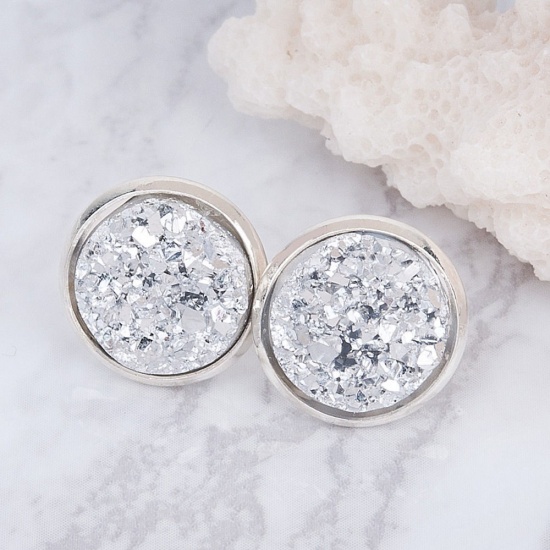 Picture of Brass Druzy/ Drusy Ear Post Stud Earrings Round Silver Plated Golden W/ Stoppers 16mm( 5/8") x 14mm( 4/8"), Post/ Wire Size: (20 gauge), 1 Pair