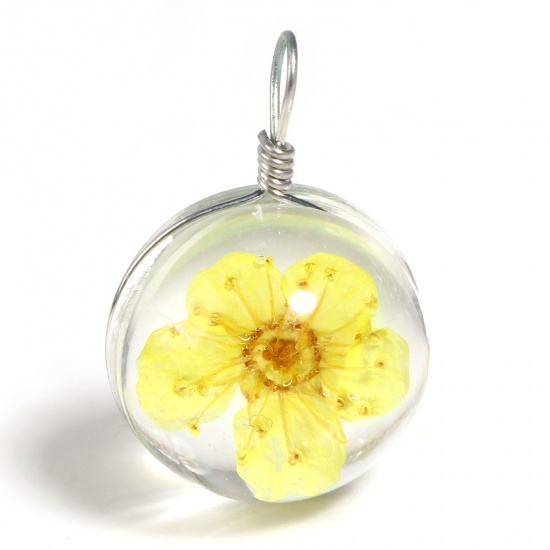 Bild von Glas & Getrockenete Blume Transparent Glaskugel Flasche Charms Rund Getrocknete Blumen Silberfarbe Dunkelblau Transparent 22mm x 15mm, 5 Stück