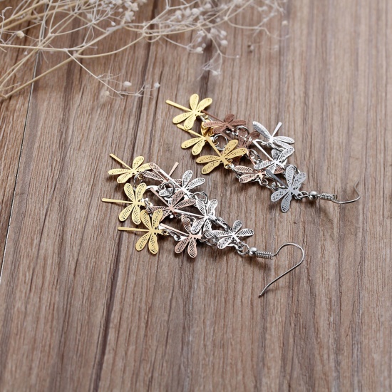 Picture of Brass Filigree Stamping Earrings Dragonfly Animal Silver Tone Gold Plated Rose Gold Hollow 7.6cm(3") long, Post/ Wire Size: (21 gauge), 1 Pair                                                                                                                