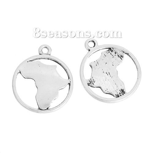 Picture of Zinc Based Alloy Travel Silhouette Map Africa Charms Round Antique Silver Color Hollow 20mm( 6/8") x 17mm( 5/8"), 20 PCs