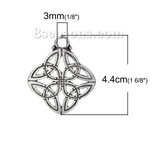 Picture of Zinc Based Alloy Pendants Rhombus Antique Silver Color Celtic Knot Carved Hollow 4cm(1 5/8") x 3.4cm(1 3/8"), 5 PCs