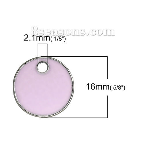 Immagine di Lega di Zinco Charm Ciondoli Tondo Tono Argento Rosa Smalto 16mm Dia, 5 Pz