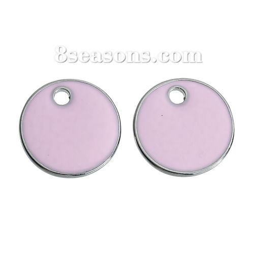 Immagine di Lega di Zinco Charm Ciondoli Tondo Tono Argento Rosa Smalto 16mm Dia, 5 Pz