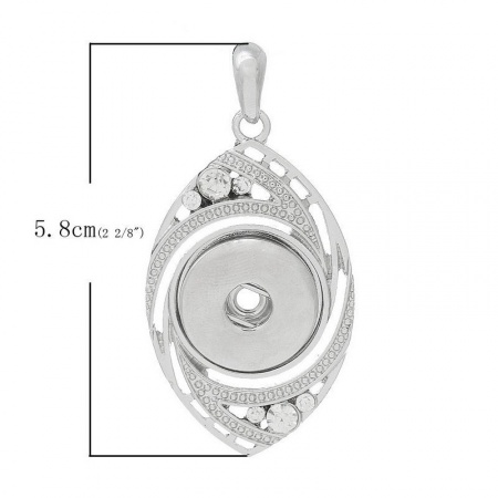 Brass Snap Button Pendants Leaf Silver Tone Pinch Clasp Clear Rhinestone Fits 18mm/20mm Snap Buttons 58mm x 29mm(2 2/8" x1 1/8"), Hole Size:6mm( 2/8"), 1 Piece