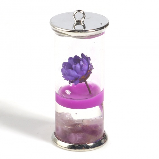 Bild von Glas & Getrockenete Blume Transparent Glaskugel Flasche Anhänger Zylinder Getrocknete Blumen Silberfarbe Bunt Transparent 33mm x 14mm, 2 Stück