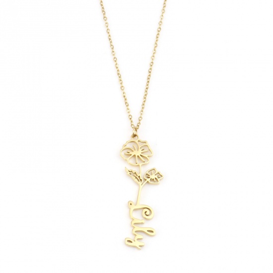 Immagine di Acciaio Inossidabile Fiore del Mese di Nascita Collana con Nome Personalizzato Ciondolo con Lettera Personalizzata Oro Placcato 1 Pz