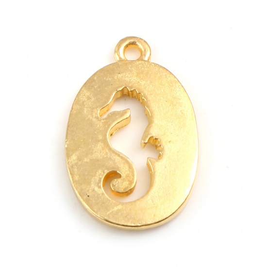 Picture of Zinc Based Alloy Ocean Jewelry Charms Oval Gold Plated Seahorse Hollow 19mm x 12mm, 20 PCs