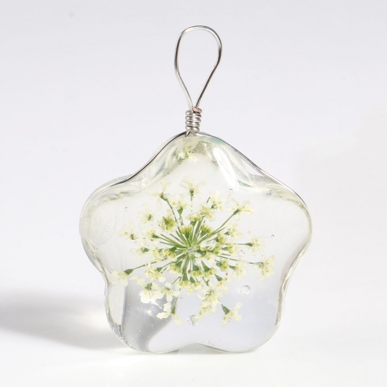 Picture of Glass & Dried Flower Pendants Flower Dried Flower Silver Tone Creamy-White Transparent 33mm x 25mm, 2 PCs
