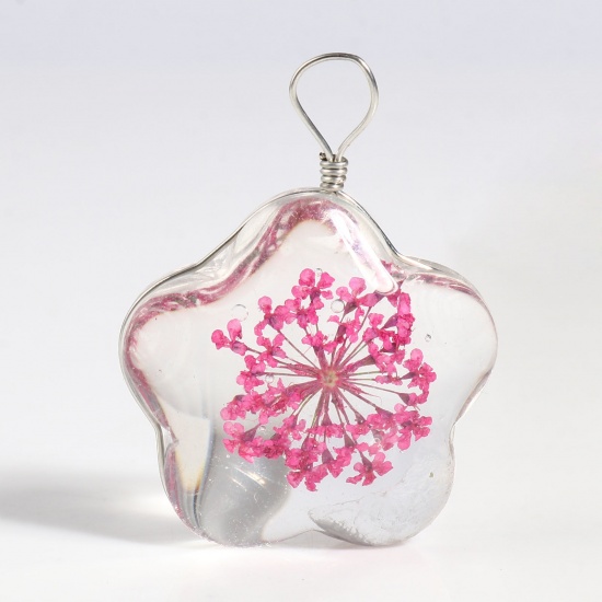 Picture of Glass & Dried Flower Pendants Flower Dried Flower Silver Tone Fuchsia Transparent 33mm x 25mm, 2 PCs