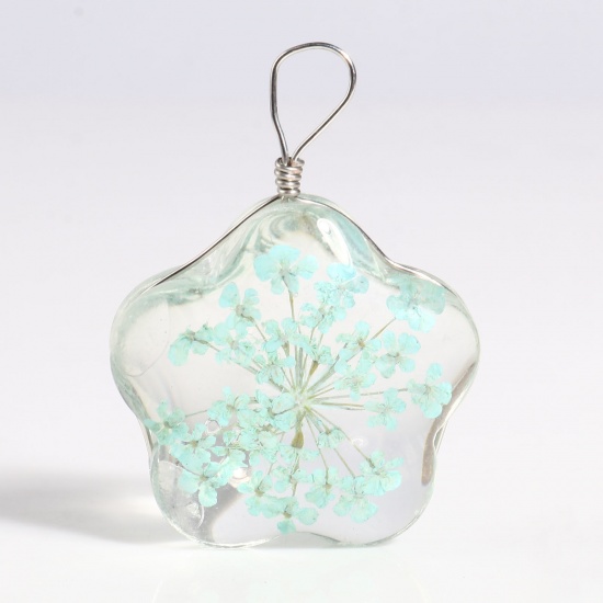 Picture of Glass & Dried Flower Pendants Flower Dried Flower Silver Tone Light Blue Transparent 33mm x 25mm, 2 PCs