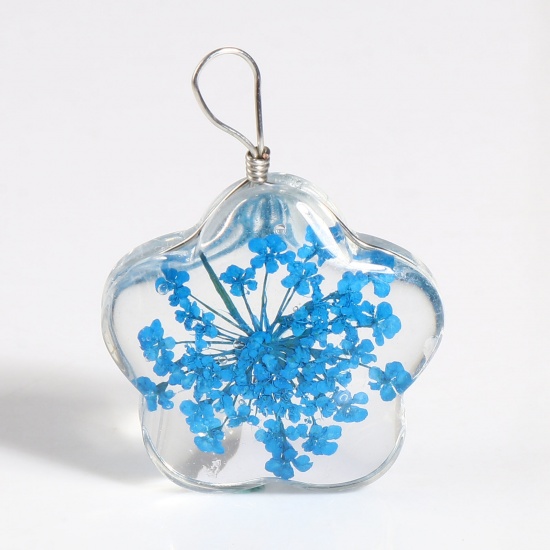 Picture of Glass & Dried Flower Pendants Flower Dried Flower Silver Tone Blue Transparent 33mm x 25mm, 2 PCs