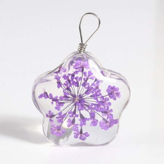 Picture of Glass & Dried Flower Pendants Flower Dried Flower Silver Tone Purple Transparent 33mm x 25mm, 2 PCs