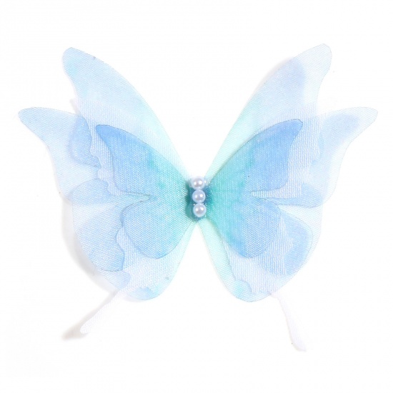 Imagen de Organdí Mariposa Etérea Apliques Azul Mariposa Imitación de perla 6.5cm x 5.5cm, 2 Unidades