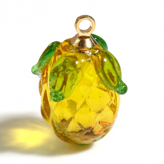 Picture of Lampwork Glass Charms Yellow Pineapple/ Ananas Fruit 19mm x 11mm, 2 PCs
