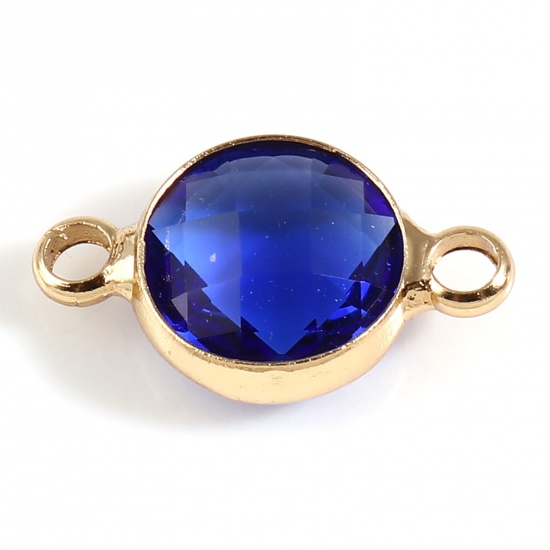 Picture of Brass & Glass Birthstone Connectors Gold Plated Royal Blue Round September Faceted 15mm x 9mm, 5 PCs                                                                                                                                                          