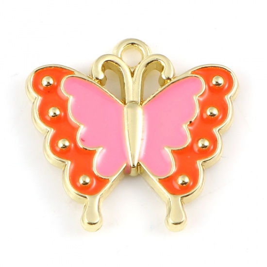 Image de Breloques Insecte en Alliage de Zinc Papillon Doré Rose & Orange Émail 18mm x 17mm, 5 Pcs