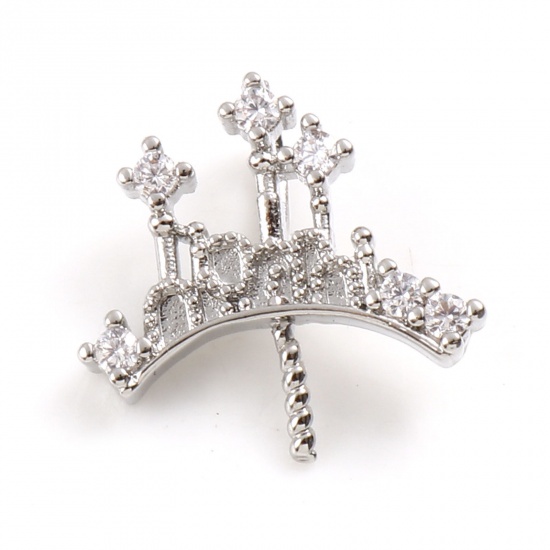 Picture of Brass Pearl Pendant Connector Bail Pin Cap Pendant Charm Silver Tone Crown Clear Rhinestone 13.5mm x 13mm, 2 PCs                                                                                                                                              