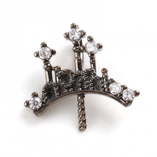 Picture of Brass Pearl Pendant Connector Bail Pin Cap Charm Gunmetal Crown Clear Rhinestone 13.5mm x 13mm, 2 PCs                                                                                                                                                         