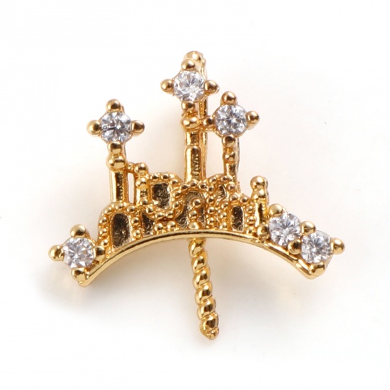 Picture of Brass Pearl Pendant Connector Bail Pin Cap Charm Gold Plated Crown Clear Rhinestone 13.5mm x 13mm, 2 PCs                                                                                                                                                      