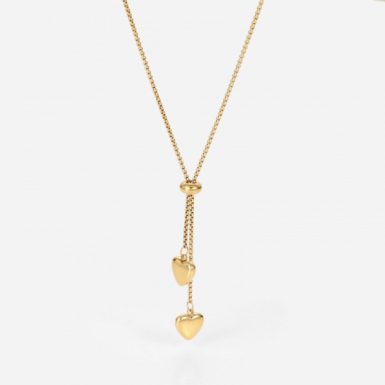 Picture of Stainless Steel Y Shaped Lariat Necklace 14K Gold Color Heart 35.5cm(14") long, 1 Piece