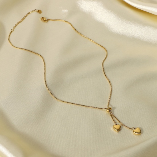 Picture of Stainless Steel Y Shaped Lariat Necklace 14K Gold Color Heart 35.5cm(14") long, 1 Piece