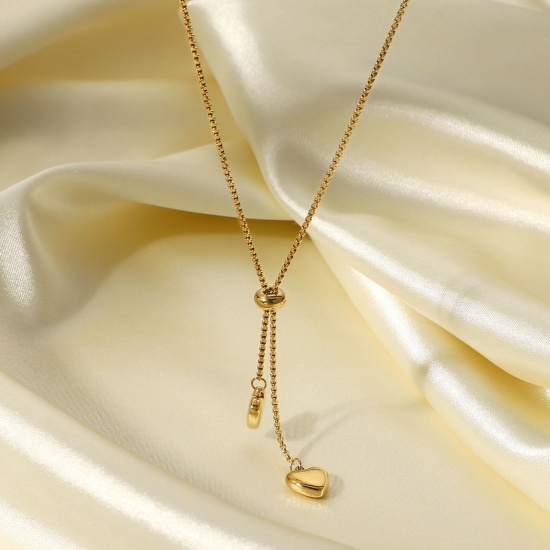 Picture of 1 Piece Vacuum Plating Stainless Steel Y Shaped Lariat Necklace 14K Gold Color Heart 35.5cm(14") long