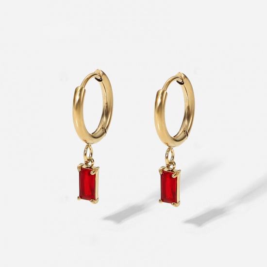 Picture of Eco-friendly Sweet & Cute Birthstone 18K Real Gold Plated Red 304 Stainless Steel & Cubic Zirconia Rectangle Hoop Earrings For Women Birthday 25mm, 1 Pair