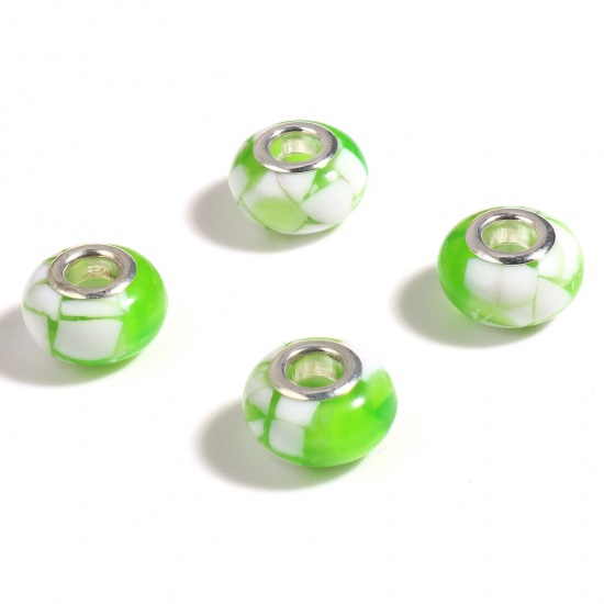 Immagine di Acrilato Perline di Fascino con Foro Grande in Stile Europeo Tono Argento Bianco & Verde Tondo 14mm Dia., Foro:Circa 5mm, 20 Pz