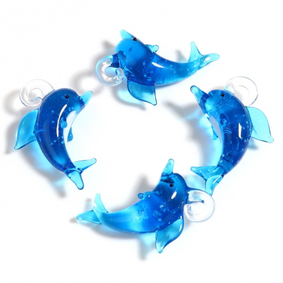 Picture of Lampwork Glass Ocean Jewelry Pendants Blue Dolphin Animal 4.2x2.8cm - 3.6x2.3cm, 2 PCs