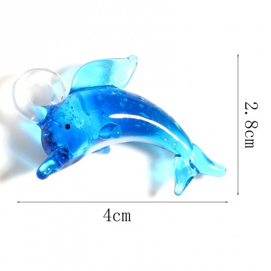 Picture of Lampwork Glass Ocean Jewelry Pendants Blue Dolphin Animal 4.2x2.8cm - 3.6x2.3cm, 2 PCs