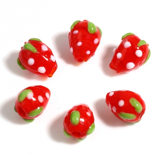 Picture of Lampwork Glass Beads Strawberry Fruit Red About 13mm x 10mm - 12mm x 9mm, Hole: Approx 1.9mm, 1 Strand