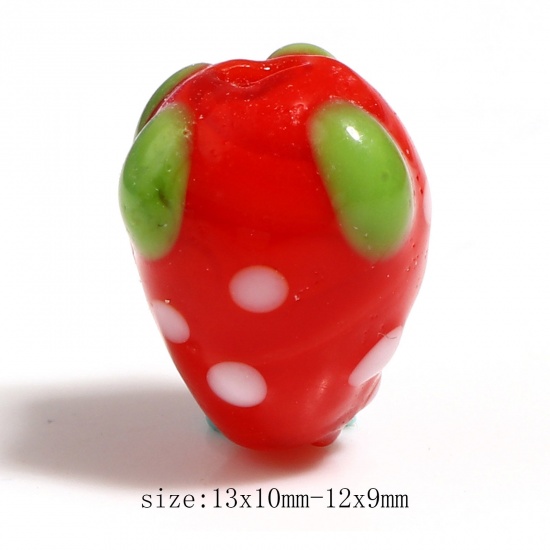 Picture of Lampwork Glass Beads Strawberry Fruit Red About 13mm x 10mm - 12mm x 9mm, Hole: Approx 1.9mm, 1 Strand