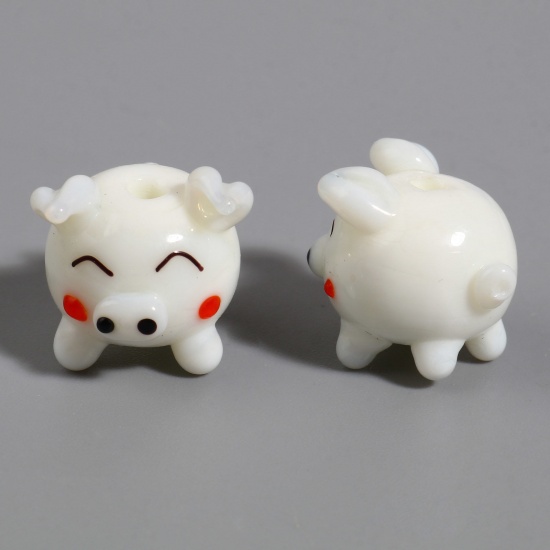 Picture of Lampwork Glass Beads Pig Animal Milk White About 15mm x 15mm - 15mm x 14mm, Hole: Approx 2.4mm, 1 Piece