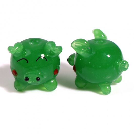 Picture of Lampwork Glass Beads Pig Animal Green About 15mm x 15mm - 15mm x 14mm, Hole: Approx 2.4mm, 1 Piece
