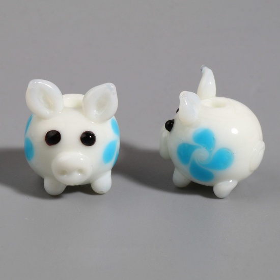 Picture of Lampwork Glass Beads Pig Animal White & Blue Drop About 15mm x 15mm - 15mm x 14mm, Hole: Approx 2.4mm, 1 Piece