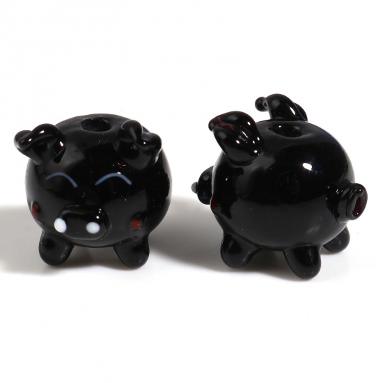 Picture of Lampwork Glass Beads Pig Animal Black About 15mm x 15mm - 15mm x 14mm, Hole: Approx 2.4mm, 1 Piece