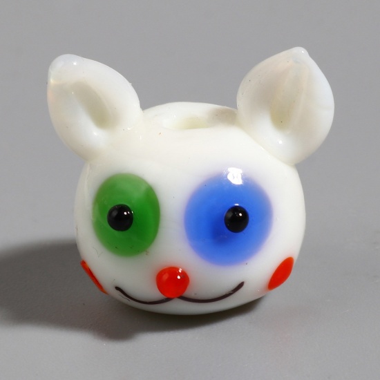 Picture of Lampwork Glass Beads Cat Animal White About 17mm x 16mm, Hole: Approx 2.4mm, 1 Piece
