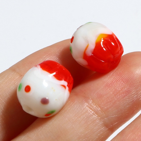 Picture of Lampwork Glass Beads Barrel White & Red Dot About 12mm x 11mm, Hole: Approx 2mm, 5 PCs