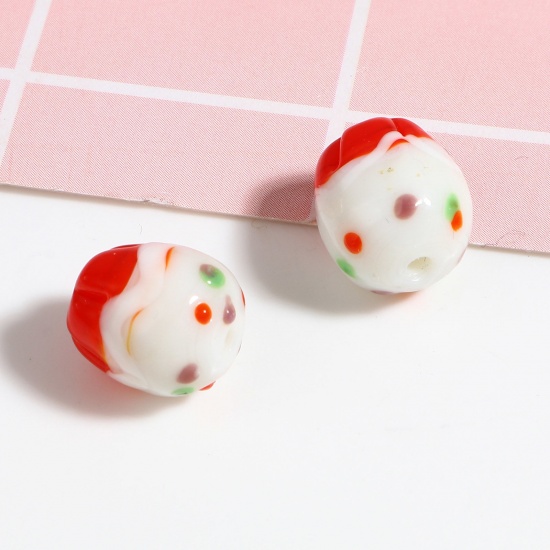 Picture of Lampwork Glass Beads Barrel White & Red Dot About 12mm x 11mm, Hole: Approx 2mm, 5 PCs