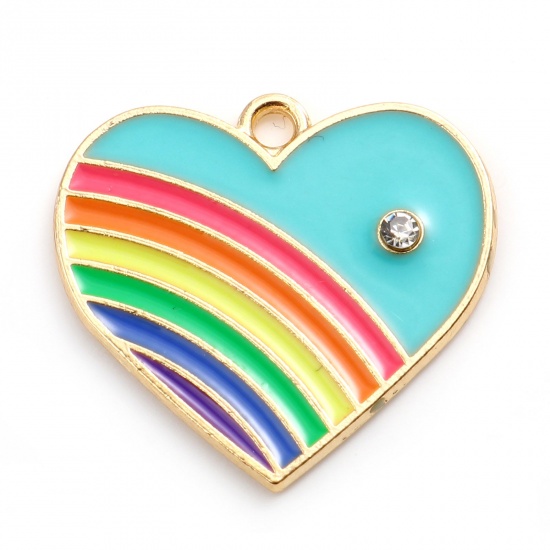 Picture of Zinc Based Alloy Valentine's Day Charms Heart Gold Plated Cyan Rainbow Clear Rhinestone 23mm x 21mm, 10 PCs