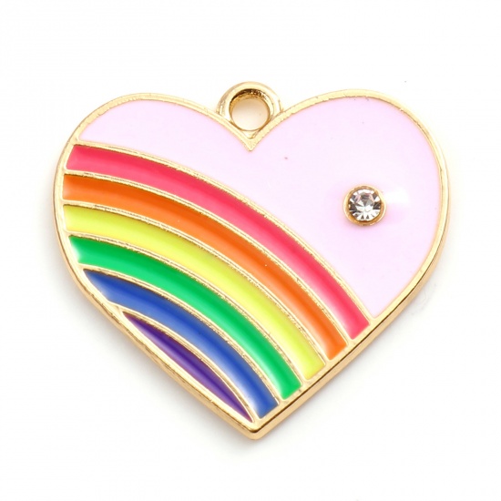 Picture of Zinc Based Alloy Valentine's Day Charms Heart Gold Plated Pink Rainbow Clear Rhinestone 23mm x 21mm, 10 PCs