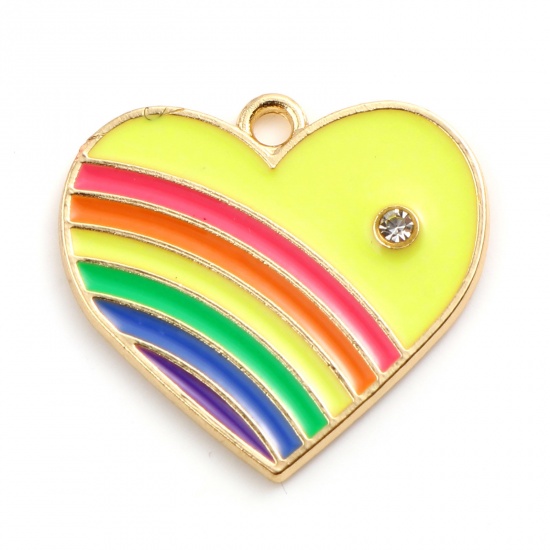 Picture of Zinc Based Alloy Valentine's Day Charms Heart Gold Plated Yellow Rainbow Clear Rhinestone 23mm x 21mm, 10 PCs