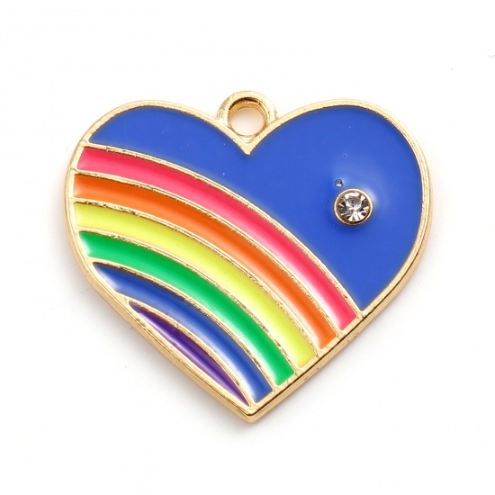 Picture of Zinc Based Alloy Valentine's Day Charms Heart Gold Plated Royal Blue Rainbow Clear Rhinestone 23mm x 21mm, 10 PCs