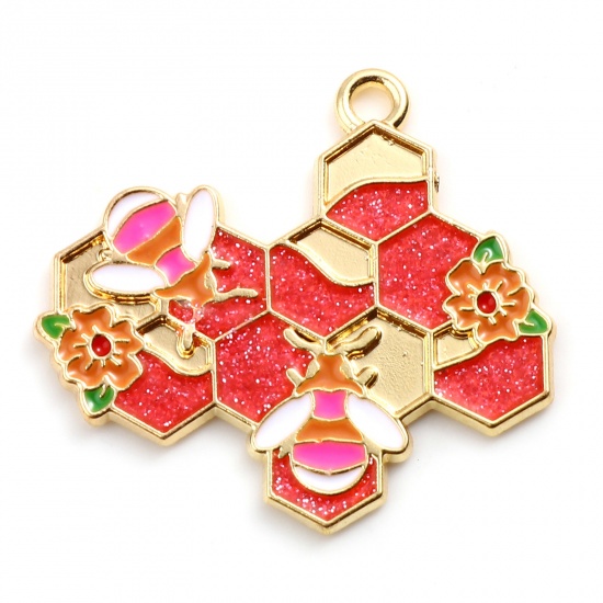 Picture of Zinc Based Alloy Insect Pendants Dainty Beehive Gold Plated Hot Pink Bee Glitter 3cm x 2.8cm, 10 PCs