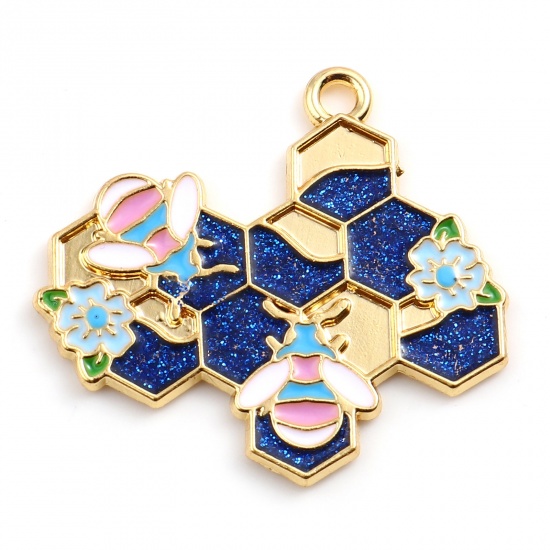 Picture of Zinc Based Alloy Insect Pendants Dainty Beehive Gold Plated Royal Blue Bee Glitter 3cm x 2.8cm, 10 PCs