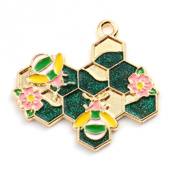 Picture of Zinc Based Alloy Insect Pendants Dainty Beehive Gold Plated Dark Green Bee Glitter 3cm x 2.8cm, 10 PCs
